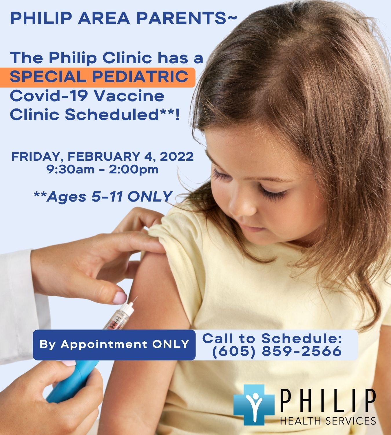 Special Pediatric Covid Clinic Scheduled (ages 5-11).  **Appointment Required